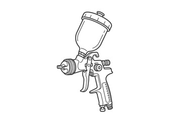 Fototapeta premium A black and white line art illustration of a professional paint spray gun isolated on a white background.