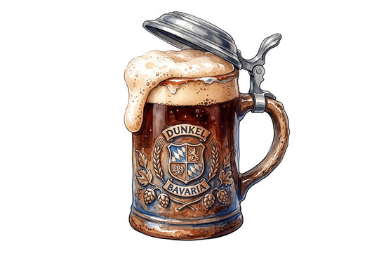 watercolor German ceramic beer stein illustration with pewter lid and overflowing foam isolated on transparent background