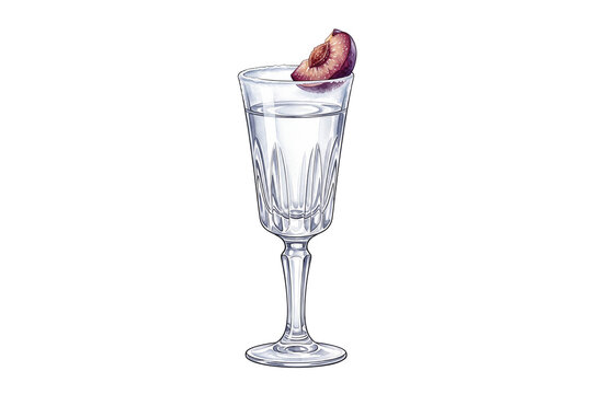 watercolor plum schnapps illustration with plum wedge garnish in stemmed crystal glass isolated on transparent background
