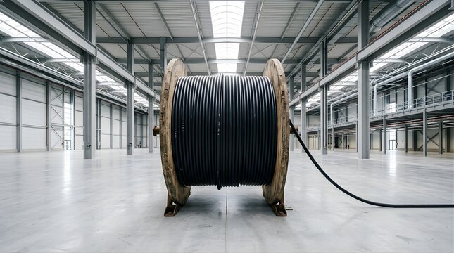 Large black electric cable spool inside an empty modern warehouse hall