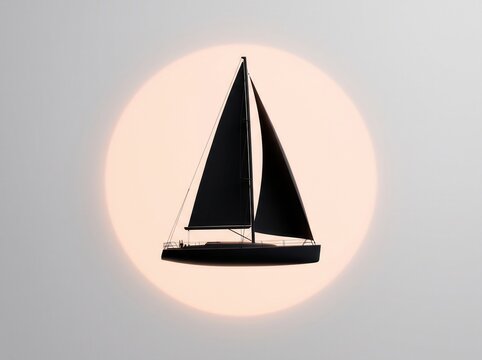 Black sailboat silhouette on a circular light orange background with sailboat
