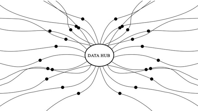 Data hub network connection animation, centralized information flow and digital connectivity concept