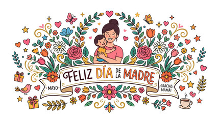 Fototapeta premium Mother and Child Embracing with Floral Border