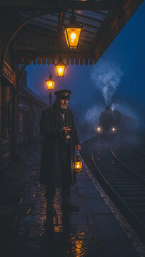 Halloween train conductor holds lantern at misty station platform