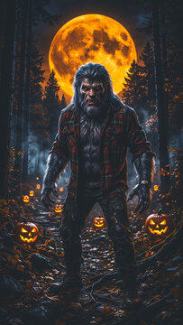 Halloween werewolf walks through forest with glowing pumpkins