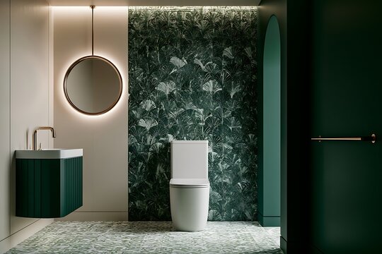 Modern luxury bathroom interior with green botanical wallpaper, white toilet, floating vanity, and circular backlit mirror with gold accents
