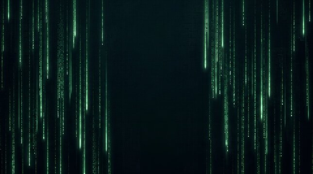 Green digital code falling on dark background for cyber security data.