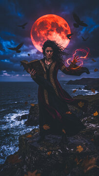 Halloween witch casts magic under blood moon over ocean