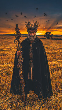 Halloween witch stands in golden field at sunset with birds flying