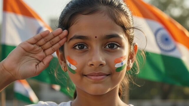Patriotic Indian Girl Saluting with Tricolor Flag Painted on Cheeks for Independence Day Celebration