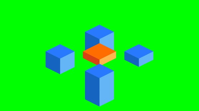 An orange cube surrounded by four blue cubes on a bright green background