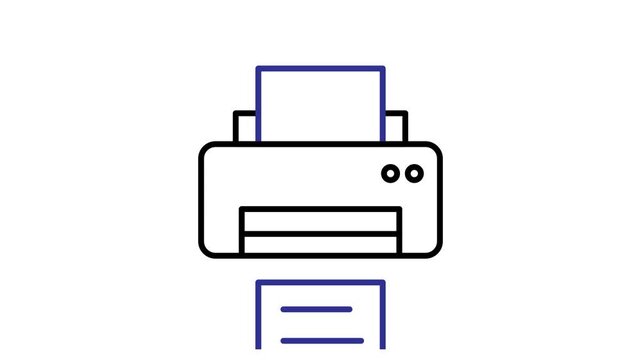 Office animated. Office printer. Printer with paper emerging. Management, team, marketing. outline design style.