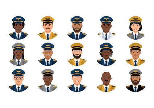 Diverse collection of airline pilot portraits featuring a professional uniform and a distinct character head silhouette