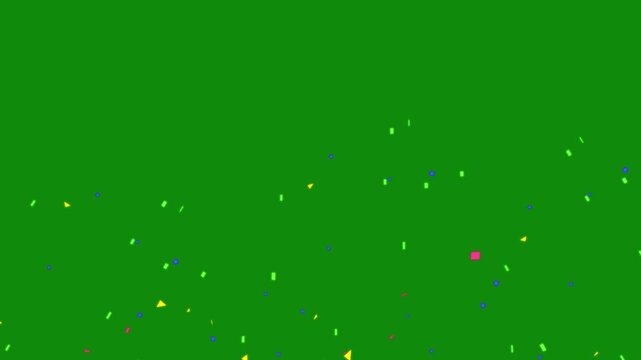 festive 3d colorful confetti bursts party popper cannon explosion isolation slow motion falling rain on alpha matte chroma key overlay green background red gold purple paper greeting 4k