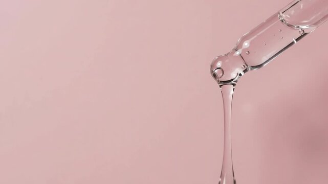 Transparent water droplet falling from clear glass on soft pink background