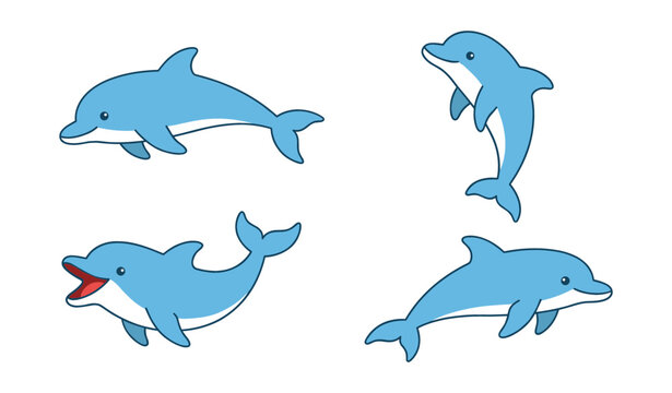 Cute Blue Dolphin Cartoon Character Vector Set Jumping and Swimming for Kids Designs, Sea Life Illustrations, and Prints