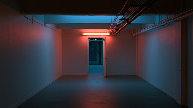 A dark empty basement corridor with smooth white walls