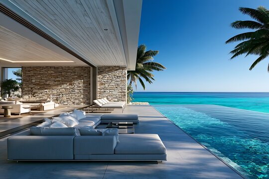 Luxury modern villa terrace with infinity pool overlooking the turquoise ocean at sunset