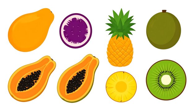 Assorted tropical fruits and pineapple slices isolated.