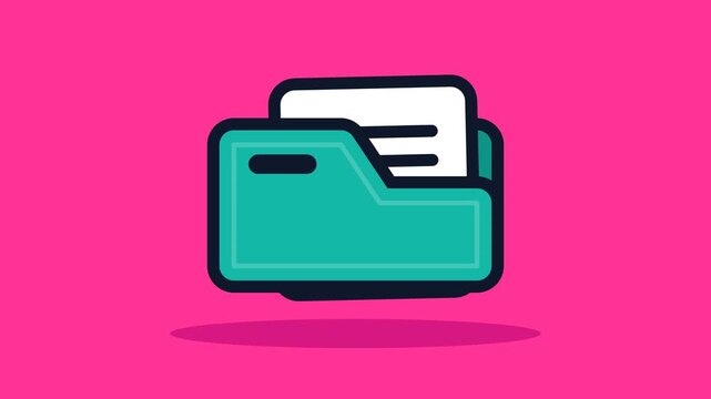 Flat 2D Teal File Folder Icon Animation with Opening and Closing Motion, Symbol of Document Storage, Archive, Organization, Data Management and Office Workflow on Pink Background