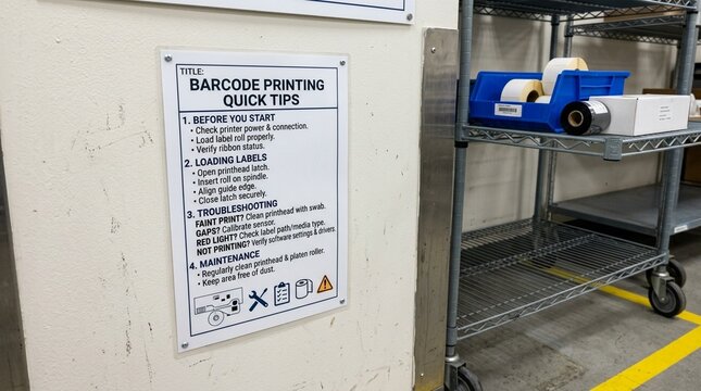 Wall-mounted barcode printing quick tips poster beside a rolling cart bay - Medical Lab Barcode Label Printing Stock Photo