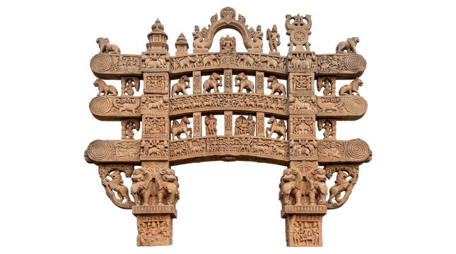 Ancient Indian stone gateway with intricate carvings of animals and figures