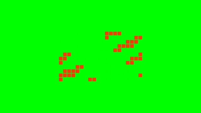 Abstract red pixel clusters floating against a solid vibrant green background