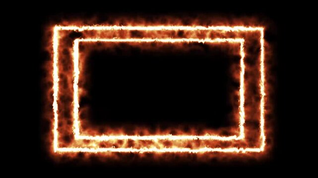 Abstract burning fire frame background with glowing orange flames and rectangular cinematic motion design border