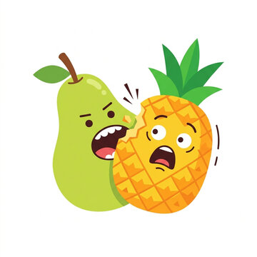 Angry pear biting a pineapple. Funny cartoon fruit characters with expressive facial emotions.