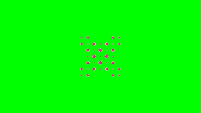 A vibrant pattern of small pink geometric shapes on a solid green background