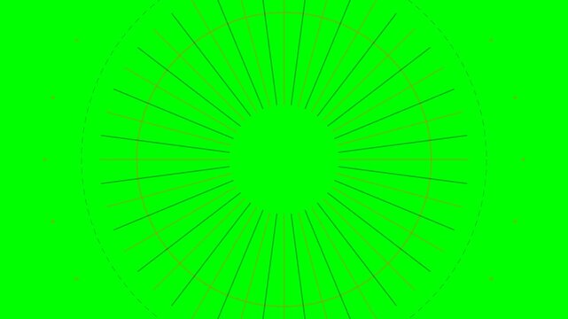 Abstract circular radial pattern with orange and black lines on green screen