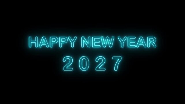 Happy New Year 2027 neon glowing blue text on black background for holiday celebration