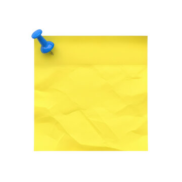 Blue push pin on yellow sticky note isolated on white background