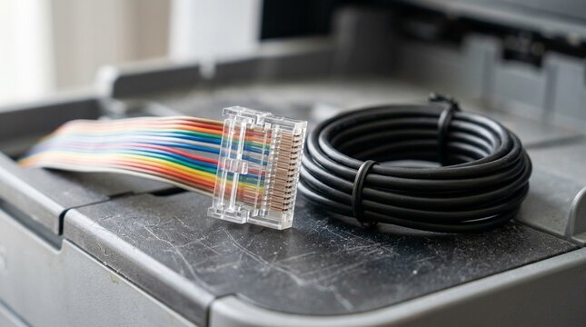 Ribbon spool connector resting beside a coiled cable set on a printer tray - Medical Lab Barcode Label Printing Stock Photo