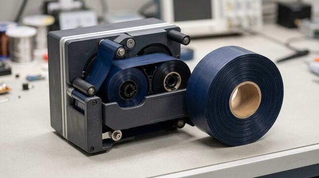 Automated ribbon changer loaded and ready beside a coiled ribbon roll - Medical Lab Barcode Label Printing Stock Photo