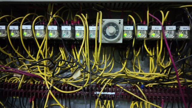 The junction box has numerous wires secured neatly with screws for Programmable Logic Controller or PLC