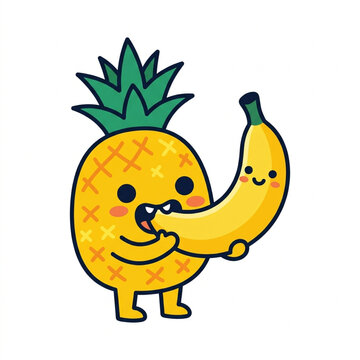 Cute pineapple biting a banana. Funny fruit character eating healthy snack illustration.