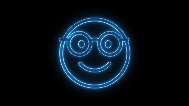 Neon blue glowing outline emoticon with round glasses and happy smile isolated on dark black background