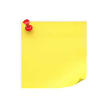 Bright yellow sticky note on red pushpin isolated on white background