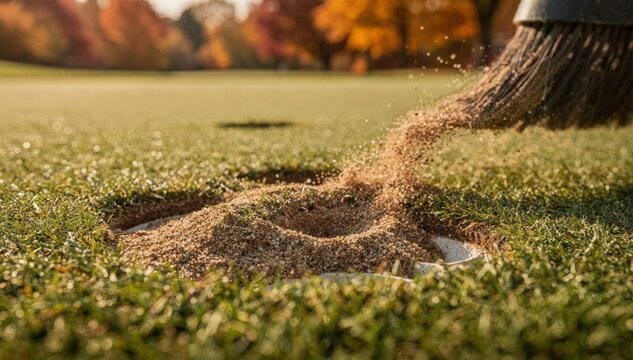 Detailed shot of sand being brushed into aeration holes on a smooth putting green main focus on coarse grain distribution with soft focus on fall foliage in the background.