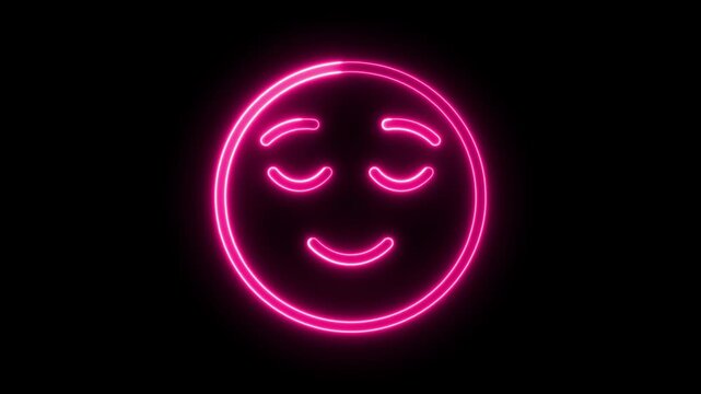 Neon pink glowing emoji face with closed eyes and gentle smile isolated on black background 