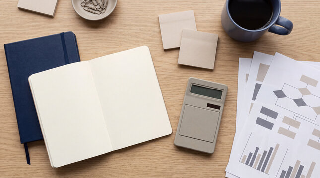 Flatlay of notebook, documents, and coffee cup with charts, business planning and analysis workspace concept