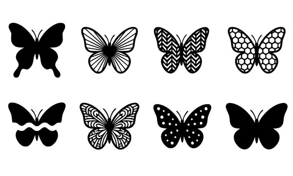 Ornate Butterfly Silhouette and Line Art Pattern Icon Set Featuring Monarch and Swallowtail Wing Styles for Elegant Nature Graphic Designs Vector Illustration