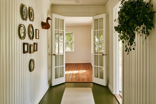 Bright hallway interior with white paneled walls, gallery wall of framed pictures, and double glass doors leading to a room
