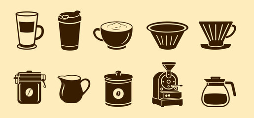 Fototapeta premium Coffee Cups Brewing Tools and Cafe Icon Collection