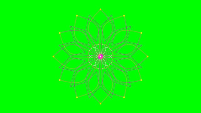 Intricate digital mandala design with yellow dots on a bright green background