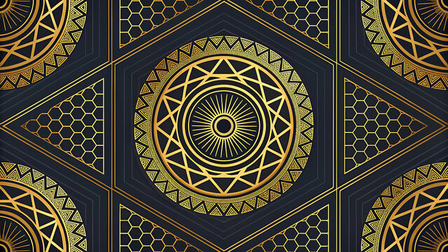 Intricate golden Islamic geometric dome pattern with floral arabesque motifs in mosque interior