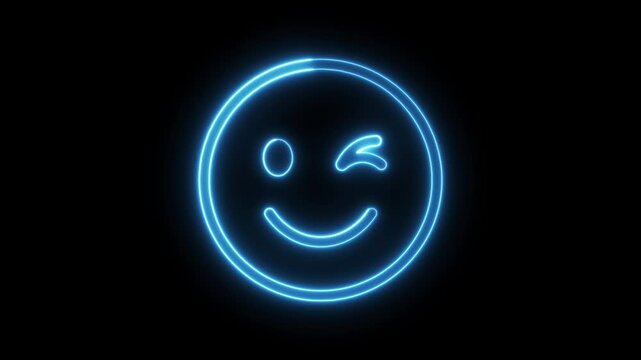 Neon blue glowing winking smiley face emoticon sign with digital light effect on dark black background