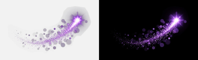 Sparkling purple comet with glowing stardust tail, magical shooting star trail bursting with light, dynamic cosmic dust explosion, isolated on transparent background PNG overlay © Pixora