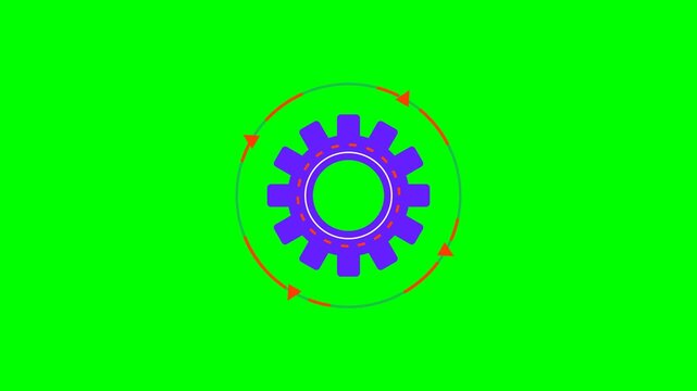 Purple gear icon centered with a rotating circular arrow on a green screen